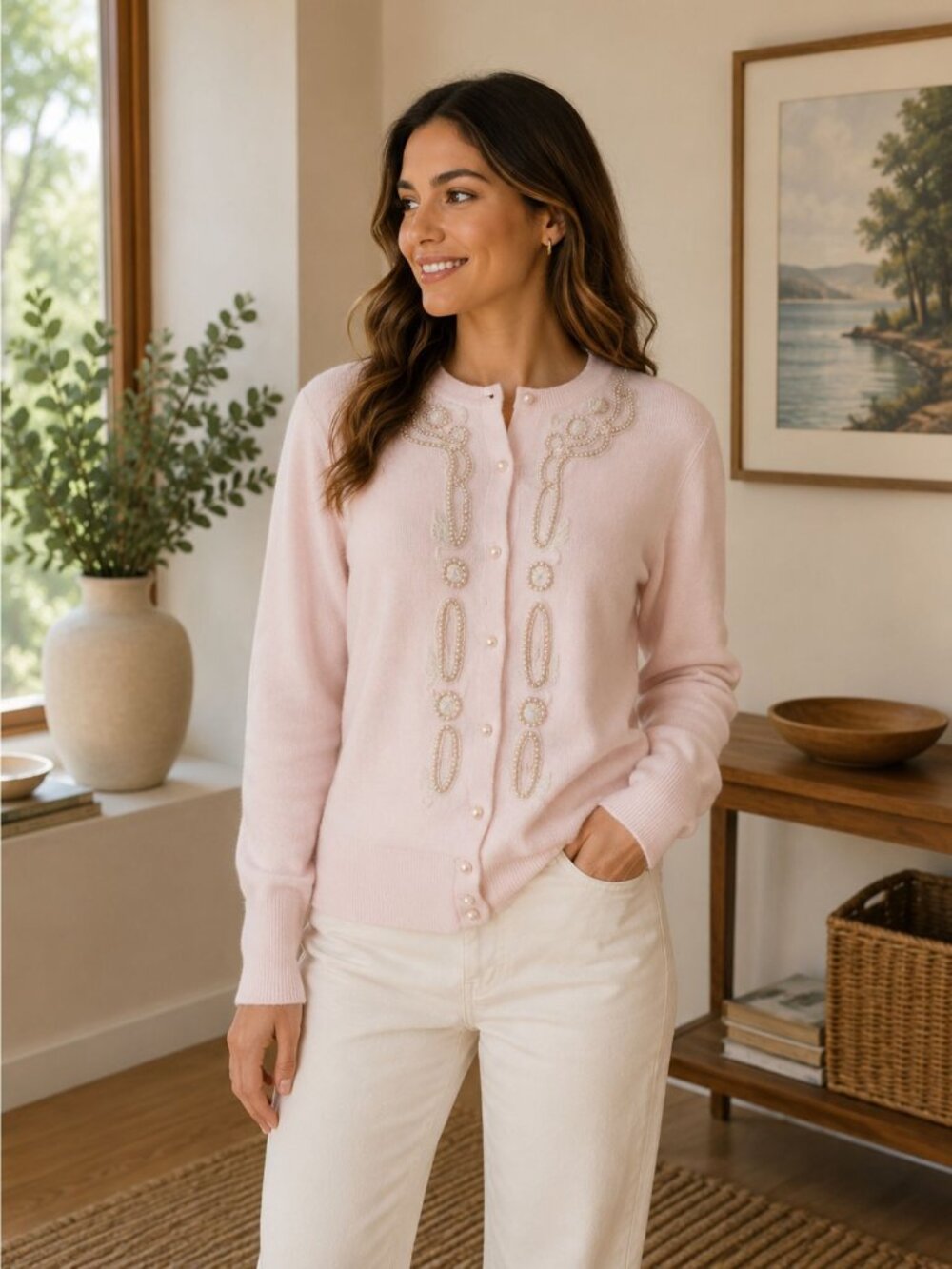 Vintage 50s Pale Pink Cardigan W Faux Pearls Embroidery Size M